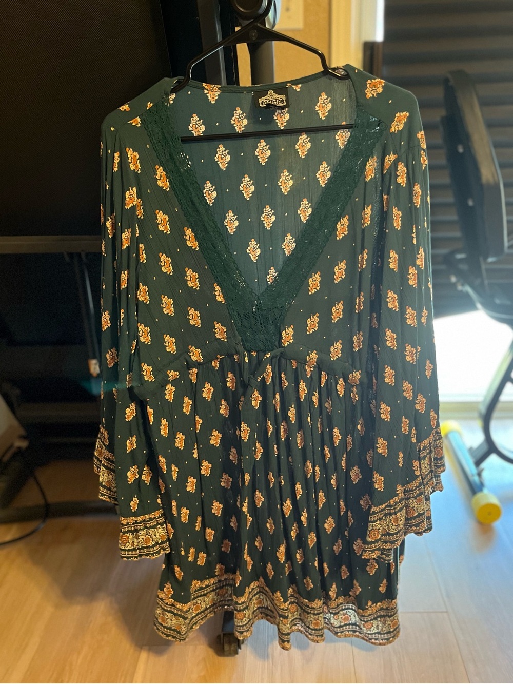 Angie Dark Green Floral Mini Dress with Mustard Accents